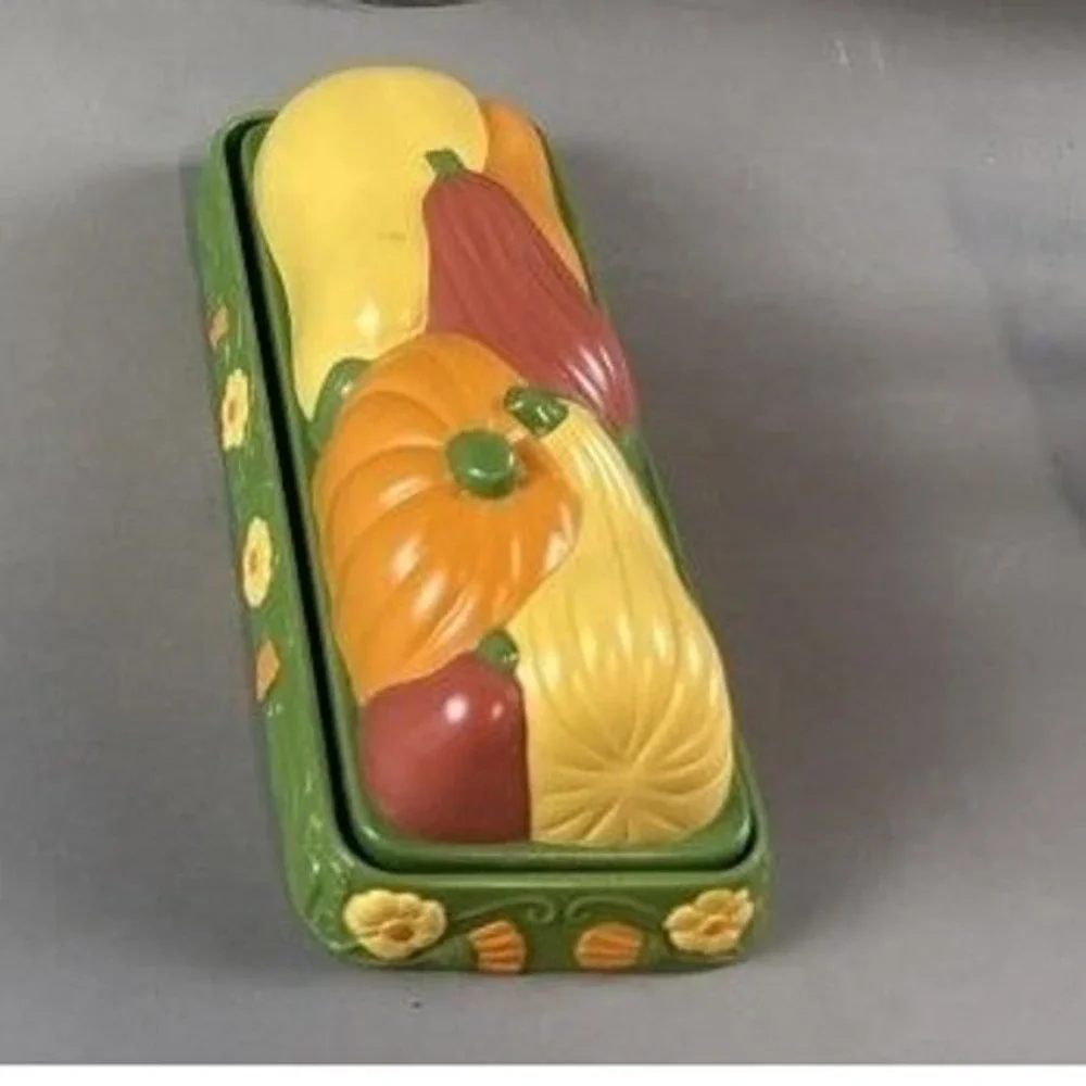 Autumn Harvest Pumpkin Squash Gourd Ceramic Butter Dish Thanksgiving Fall Decor